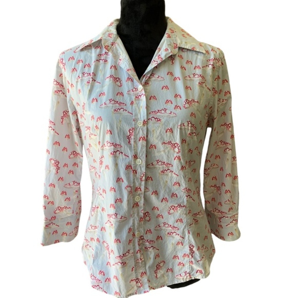 Carolina Herrera Mushroom Print Button Up Structured Long Sleeve Top